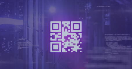 Image of qr code over computer language against server room in background
