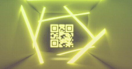 Image of qr code with neon lines on yellow background