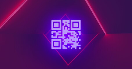 Image of qr code, data processing over neon lines
