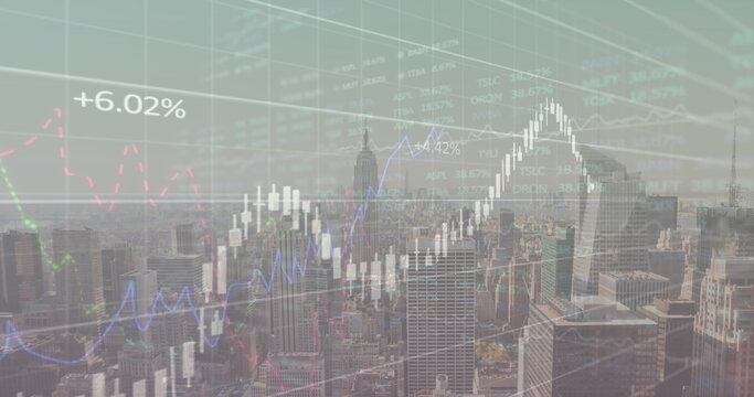 Image of multiple graphs with changing numbers over aerial view of modern city