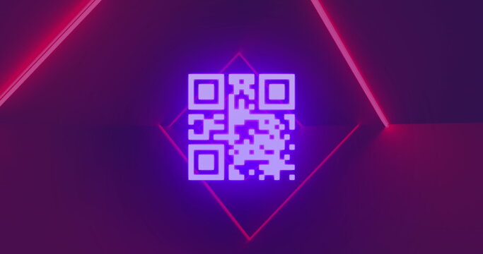 Image of qr code, data processing over neon lines