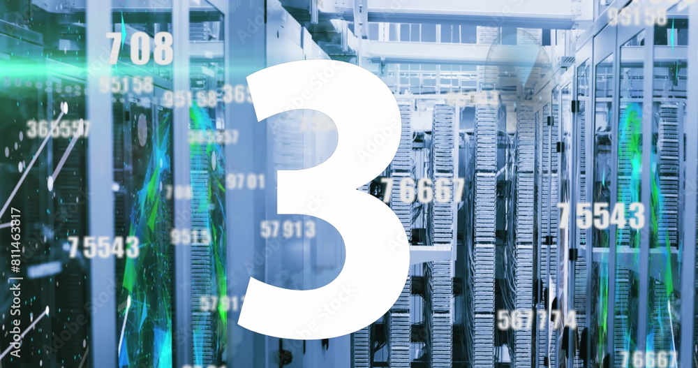 Poster image of countdown from 10 to 1 over changing numbers and connected dots over server room