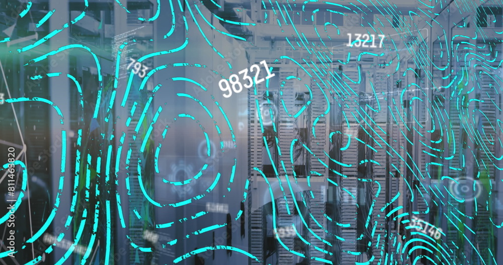Poster image of changing numbers and abstract pattern over server room in background