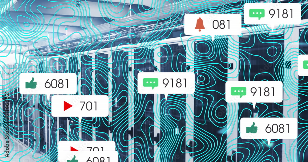 Poster image of icon and changing numbers in message boxes over abstract pattern on server room