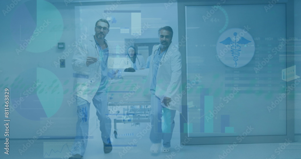 Poster image of data processing over team of diverse doctors moving a patient in operation theater