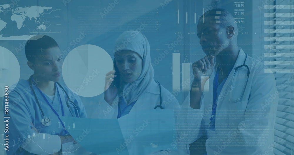 Poster image of data processing over diverse team of doctors talking on smartphone discussing reports