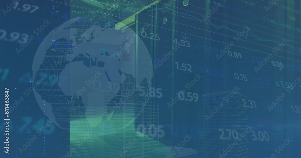 Poster image of graphs and numbers with globe over data center room