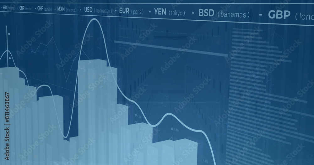 Poster image of multiple graphs and currency signs moving over data center room