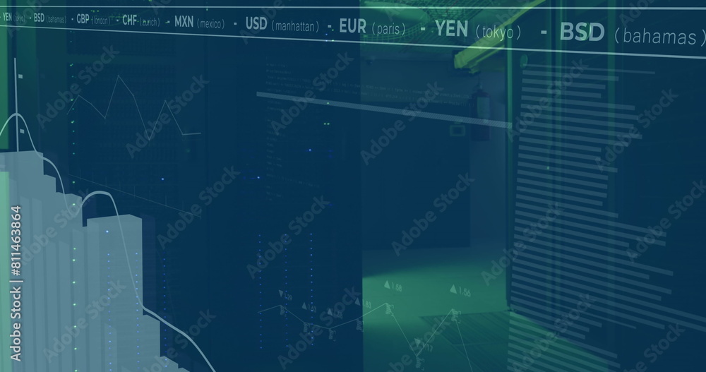 Poster image of multiple graphs and currency signs over data security room