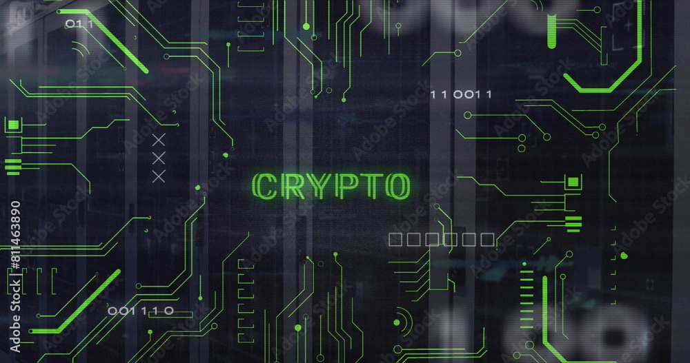 Poster image of crypto text and electronic circuit board pattern over data server systems