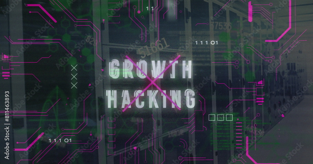 Poster image of growth hacking text, changing numbers, binary codes, computer language over server room