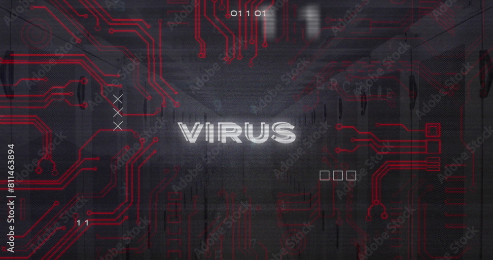 Poster image of virus text, binary codes and circuit board pattern over server room