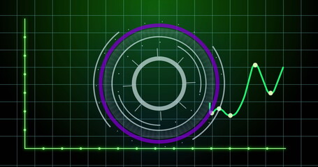 Image of round scanner and statistical data processing over grid network on green background
