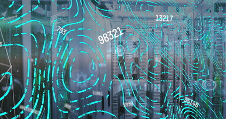 Image of changing numbers and abstract pattern over server room in background