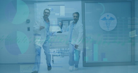 Image of data processing over team of diverse doctors moving a patient in operation theater