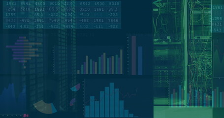 Image of multiple graphs and numbers moving over data system