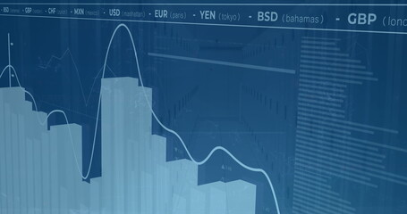 Image of multiple graphs and currency signs moving over data center room