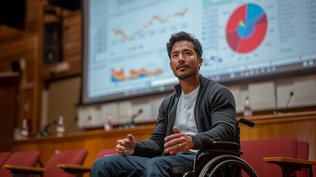 A young professor in a wheelchair giving a lecture at a university
- Powered by Adobe