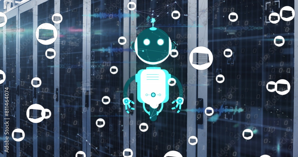 Poster image of ai chat bot and icons over computer server background
