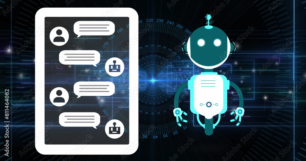 Poster image of ai chat bot and tablet with chat on black background