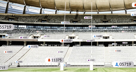 Image of social media icons floating against rugby sports stadium