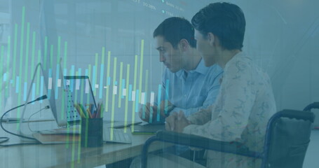 Image of financial data processing over diverse business people in office