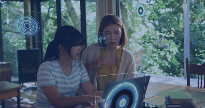 Image of data processing against asian mother and daughter using laptop at home