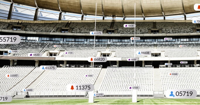 Image of social media icons floating against rugby sports stadium - Powered by Adobe