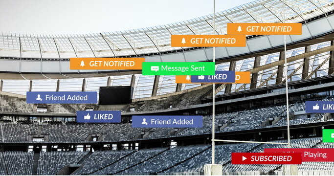 Image of social media icons floating against rugby sports stadium - Powered by Adobe