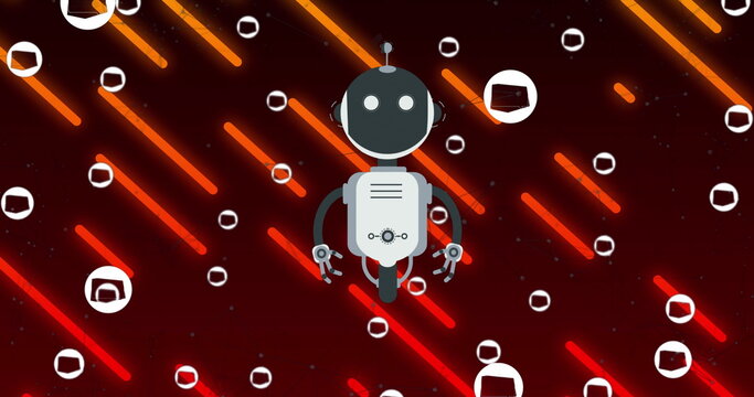 Image of ai chat bot over colourful neon striped background - Powered by Adobe