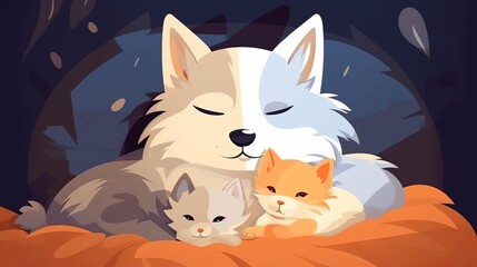 Obraz premium A mother wolf is sleeping with her two cubs. The wolf and her cubs are all curled up together and look very peaceful.