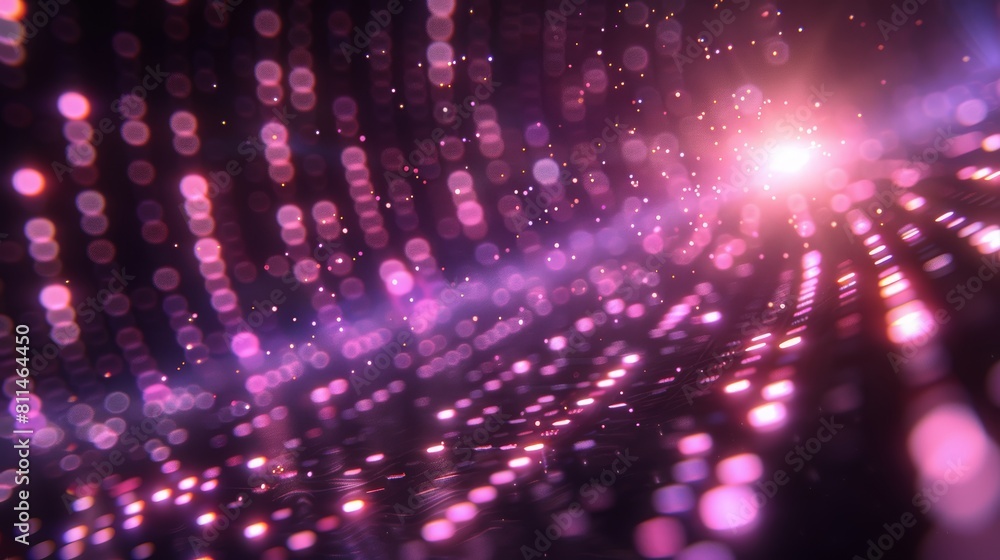 Poster glowing dots in abstract dark background, concept of light shining sparkling particles dots bokeh in