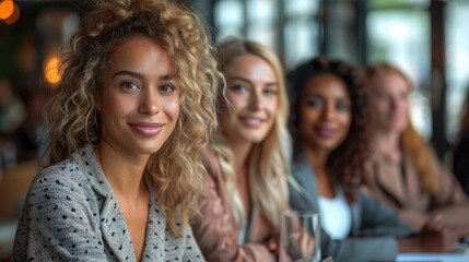 Obraz premium Four beautiful multiethnic young women sitting at a table in a restaurant, smiling and laughing.
