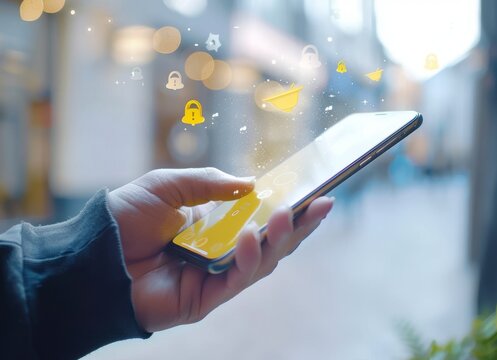 Hand using a smartphone with a yellow bell icon and message bubble on the screen, in the style of a social media app concept of a new profile post or mail from a friend in digital space.