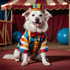 A dog in a circus wearing a hat and a colorful shirt. Generative AI