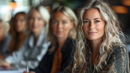 Obraz premium Confident businesswoman looking at camera with blurred colleagues in background