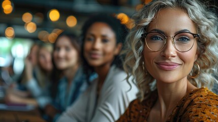 Fototapeta premium Confident businesswoman with curly hair wearing glasses standing in the foreground with blurred colleagues in the background