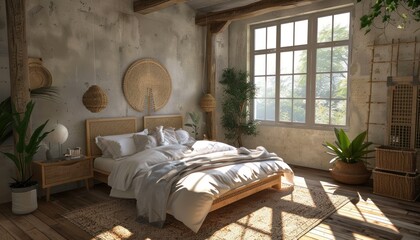 Serene Summer Morning: A Sunlit Loft Bedroom. Generative AI