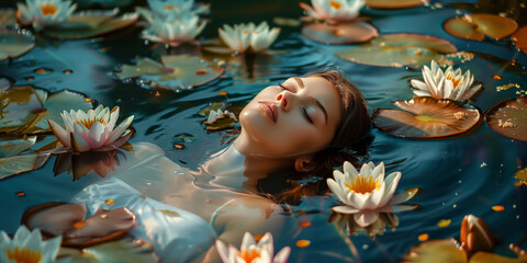 A young sexy woman lies in a bikini with water lilies and lotuses in the water of a lake, in a pond with lilies