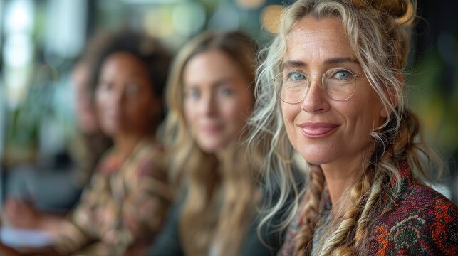 Confident businesswoman looking at camera with colleagues in background