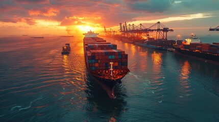 Obraz premium A large cargo ship is sailing through the water with the sun setting in the background