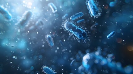 Fototapeta premium Bacteria, microwaiting in the air. The background is dark blue with light shining on it.