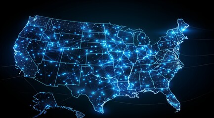 A map of the United States is lit up with blue lights