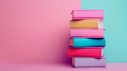 Photo of a stack of books on the right side with copy space, isolated on a pastel background.