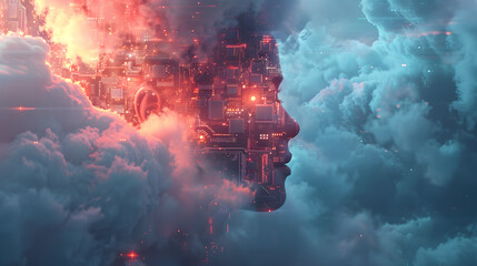 Robotic head floating in the clouds, blending into the atmosphere