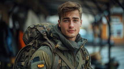 Fototapeta premium The photo shows a young male model with a backpack