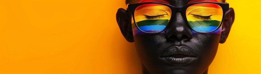 Black skin with rainbow face paint holding pride banner flat design top view festival face theme 3D render Analogous Color Scheme