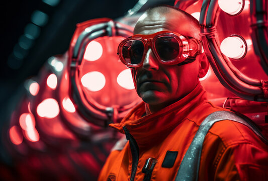 A mechanic in uniform combines natural and man-made elements, his light red attire reflecting sparklecore, made of rubber, and rim light.