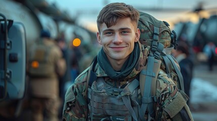 Fototapeta premium Young soldier smiles bravely before deployment to war zone