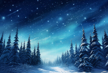 A snowy landscape at night is full of conifers and lights, creating spectacular backdrops in sky-blue.